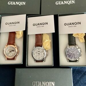 NIB Trio Of Excellent Guanqin Chronographs w Dates and 24 Hour Registers